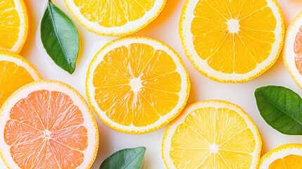 Citrus Fruit Slices with Green Leaves.