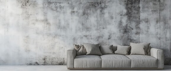 Poster - A gray sofa in front of a distressed wall.