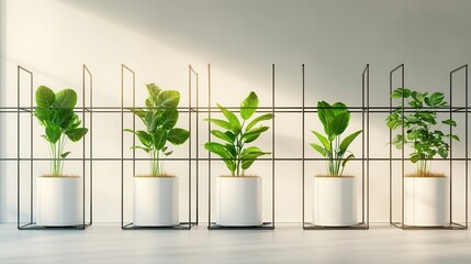 Canvas Print - Modern Interior Design with Green Plants in White Pots.