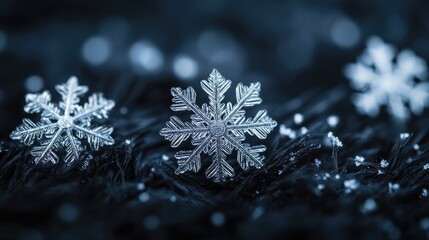 Close-up of decorative snowflakes on a dark background, evoking a winter theme.