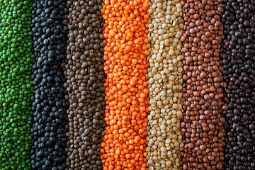 Wall Mural - Colorful varieties of lentils displayed in neat rows at a market