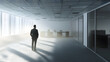 © Steve - Businessman standing alone in an empty office, reflecting on closure, void of furniture, sunlight streaming through windows, capturing poignant moment of transition and loss