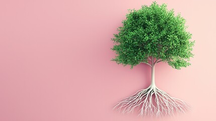 Sticker - Green Tree with White Roots on Pink Background.