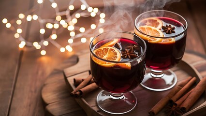 Close up view of mulled wine in glasses with orange pieces and spices on wooden surface with bokeh lights on backdrop