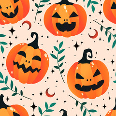 Wall Mural - Seamless pattern of Halloween abstract pumpkins with leaves. Stars and crescent. Perfect for fall, Halloween, holidays, fabric, textile.