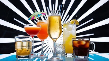 Several glasses of different drinks on bright background