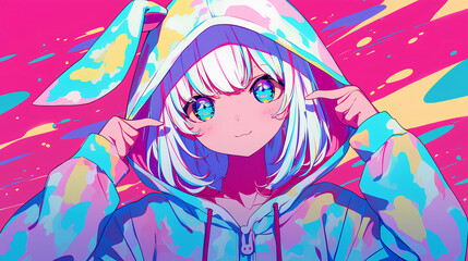 cute rabbit character wearing anime onesie costume, anime style, cute kawaii, simple, smiling happy. neon psychedelic background