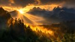 © Wimstock - Breathtaking Mountain Landscape with Glowing Sunset Sky and Misty Evergreen Forests