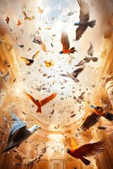 Wall Mural - Birds and Butterflies Soaring Through a Golden Room.