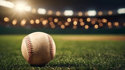 Wall Mural - Baseball ball on green pitch field at brightly outdoor stadium background