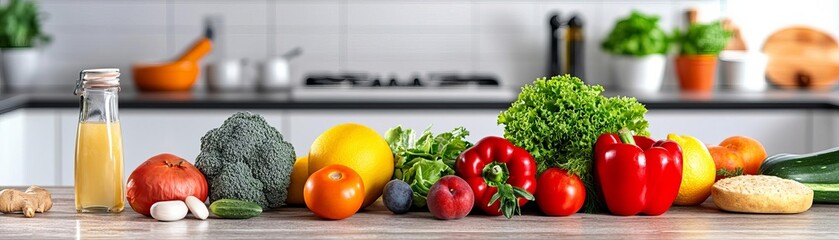 Fresh fruits and vegetables on a rustic kitchen counter, promoting healthy eating habits and natural living, daily healthy lifestyle