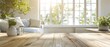 © JK_kyoto - Bright and airy living room with wooden table, plants, and natural light streaming through large windows.