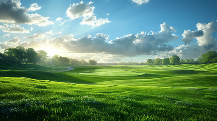 peaceful calm photo of a field of grass at the day with the blue sky and the white clouds