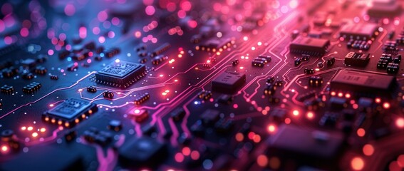 Vector banner design digital circuit board on blue and pink color