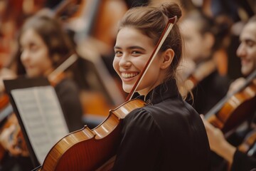 A beautiful smiling woman plays the violin in a Symphony orchestra on the stage of a concert hall, musicians in black suits playing classical musical instruments