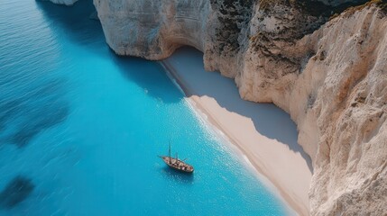 The dramatic cliffs and turquoise waters of Navagio Beach, Greece, with a shipwreck lying in the sand