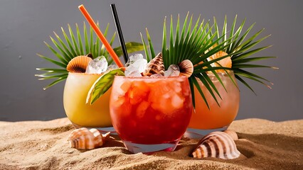 Close up view of cocktails with ice with palm leaf and seashells on sand on grey background