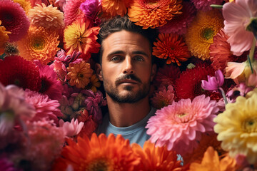 Wall Mural - AI generated photo of happy young handsome man surrounded by colorful flowers