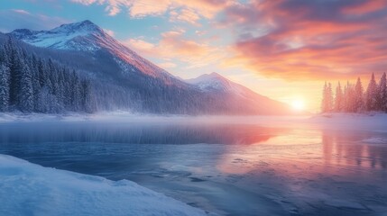 Winter mountains at sunrise. Amazing snowy nature landscape in sunlight. Scenery mountain clean icy lake in the morning.