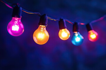 Wall Mural - a string of colorful light bulbs on a dark purple background