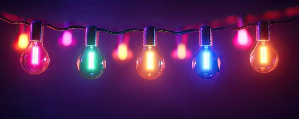 Wall Mural - a string of colorful light bulbs on a dark purple background