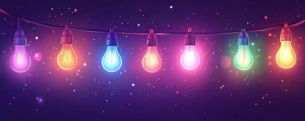 Wall Mural - a string of colorful light bulbs on a dark purple background