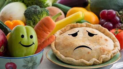 Sad-faced pie next to smiling vegetables surrounded by fresh produce. Healthy eating vs. unhealthy choices concept.