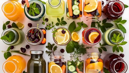 Top view of detox drinks in bottles and jars with fruits, vegetables, herbs, berries and greenery