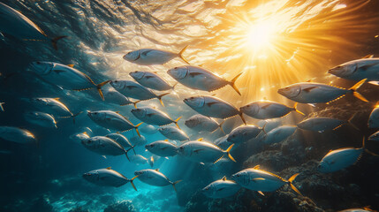 Tuna fishes swimming in the ocean with sunlight in the backgounrd