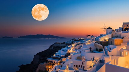 the panoramic view of Santorini white-washed buildings overlooking the deep blue Aegean Sea, Greece sunset