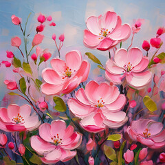 Wall Mural - Abstract pink spring or summer flowers, canvas oil painting. Beautiful floral bouquet, summer nature