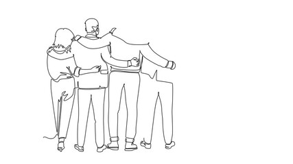 Wall Mural - Animated self drawing of continuous line draw back view of group men and woman from multi ethnic standing together show their friendship bonding. Unity in diversity. Full length single line animation