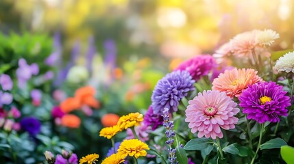 Wall Mural - brightly colored flowers in a garden with sunlight shining through the leaves