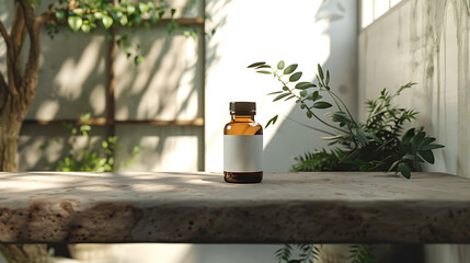 Wall Mural - A glass bottle with a blank white label sits on a wooden table with green plants in the background.