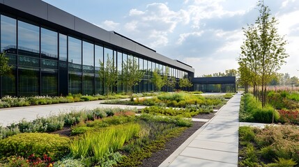 Wall Mural - Sustainable Green Data Center Surrounded by Lush Landscaping for Eco Friendly and Energy Efficient Technology Infrastructure