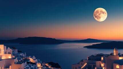 the panoramic view of Santorini white-washed buildings overlooking the deep blue Aegean Sea, Greece sunset