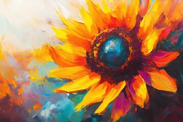 Poster - Close-Up Oil Painting of a Vibrant Sunflower