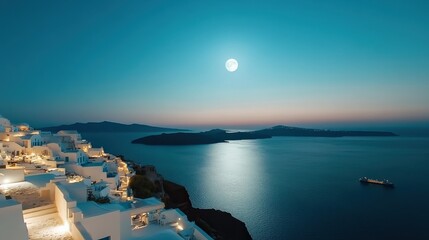 the panoramic view of Santorini white-washed buildings overlooking the deep blue Aegean Sea, Greece sunset