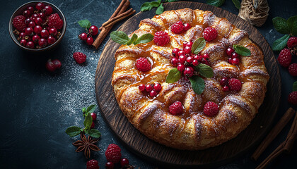 Wall Mural - Sweet berry dessert on rustic wood table plate generated by AI