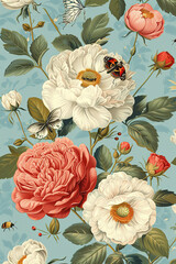 Floral wallpaper design with a mix of large and small flowers and insects