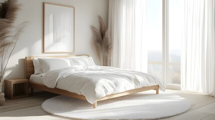 Wall Mural - Minimalist bedroom, Scandinavian design, light wooden bed frame, crisp white bedding, fluffy white area rug, white wooden flooring, sheer white curtains, natural sunlight.