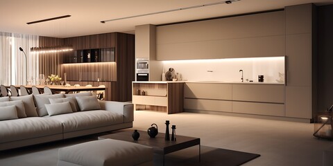 Wall Mural - Elegant modern living room with open kitchen, 3D render.