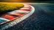 © horizon - Racetrack curve, Formula 1 circuit, smooth asphalt, vibrant red and white curb, sunlit grass verge, dynamic perspective, sweeping turn, motorsport photography.