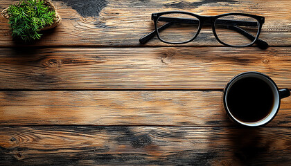 Wall Mural - Wooden table with coffee drink, eyeglasses, blank ideas generated by AI