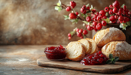 Wall Mural - Rustic table with homemade bread and fresh fruit generated by AI