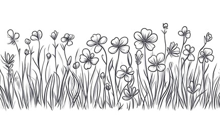 Doodle sketch set of grass. Hand-drawn outline of a grass field with sprout, flower