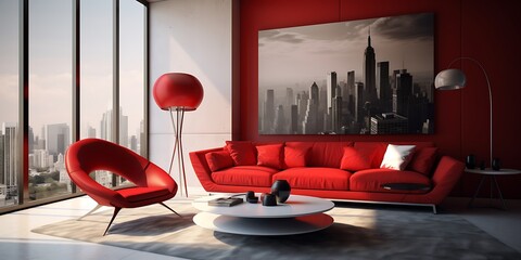 Wall Mural - Stylish modern living room with a bold red sofa, sleek furniture, and contemporary decor, 3D render.