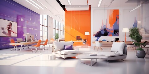 Wall Mural - Stylish office featuring white walls and a vibrant color scheme, 3D render.