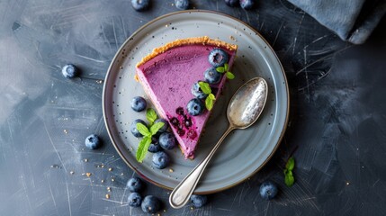 A slice of cheesecake with blueberry fruit in plate on table