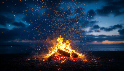 Wall Mural - burning fire illuminates dark night with glowing heat generated by ai